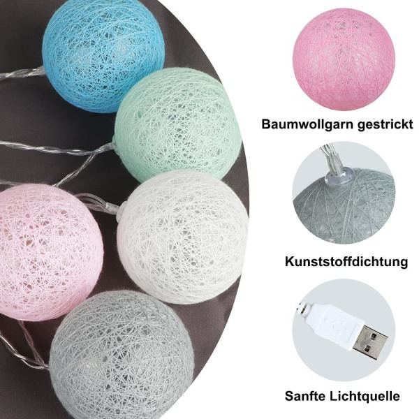 Bomulls ljusslinga, juldekoration inomhus, 3M 20 LED-globsljus, bröllopsdekorationer i sovrummet, (Färgglada USB)