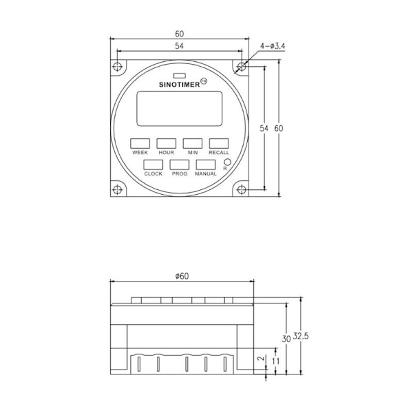 7-dagers programmerbar timer 220V DC med 12/24 timers klokke, 1,6 