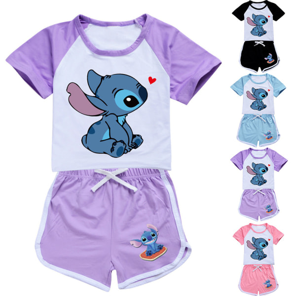 Børns Piger Lilo Stitch Print Casual T-shirt Shorts Træningsoverall Sæt Alder 7-14 år Light blue 150cm blue 150cm