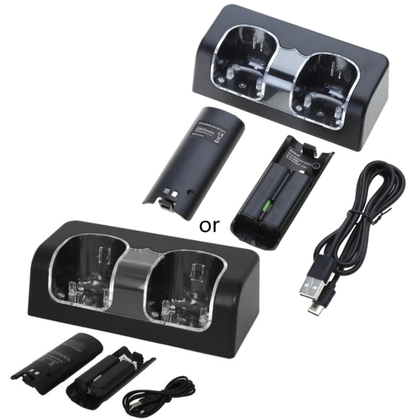 Fjernkontroll Dual Ladestasjon + 2 batterier for Wii Gamepad, Lader med LED-lampe Svart