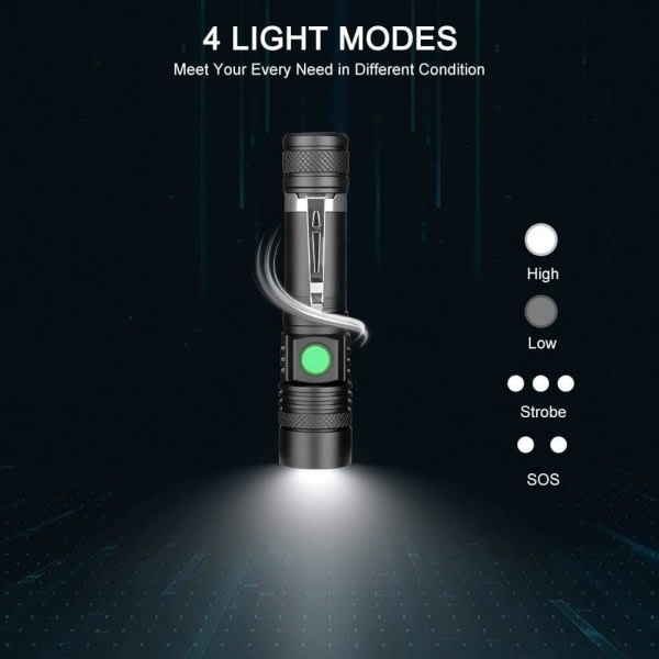 USB uppladdningsbar LED-ficklama, 600 lumen ficklampa, IP65 vattentät, 4 ljuslägen, zoombar ficklampa (batteri ingår)