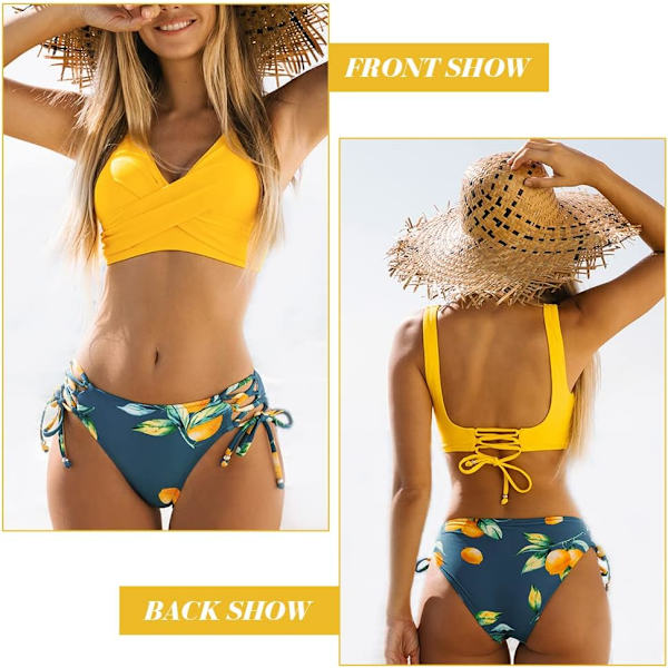 Naisten korkeavyötäröinen bikinin setti, kaksiosainen vintage-halter-ryppyinen bikinin, rantauimapuku V-kaula-twist-etupuoli, seksikäs uimapuku Gold XL