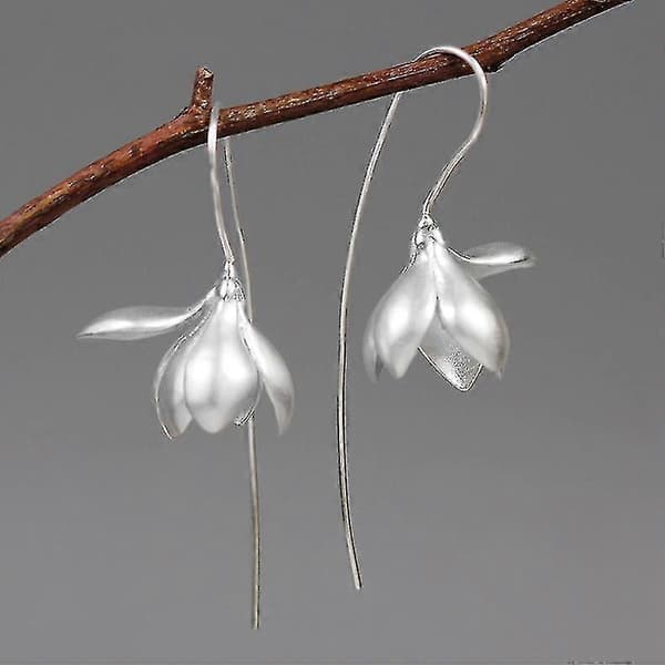 S925 Sterling Sølv Øredobber Elegante Magnolia Blomster Dråpe Øredobber Naturlige silver