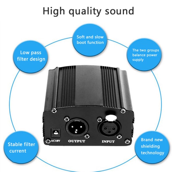 48V Phantom Power Supply med adapter for kondensatormikrofon