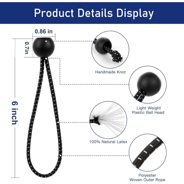 Ball Bungee Cords 6 Tommer, 50 STK Hvide Tarp Ball Bungee Bånd Heavy Duty Baldakin Fastgørelser til Camping, Teltstel med UV-Resistent BLACK 20CM 9INCH