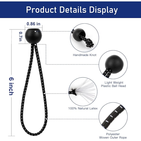 Boll Bungee-snören 6 tum, 50 st Vita Tarp Boll Bungee-band Tunga Duty Canopy Fästen för Camping, Tältstänger med UV-beständighet BLACK WHITE 20CM 9INCH