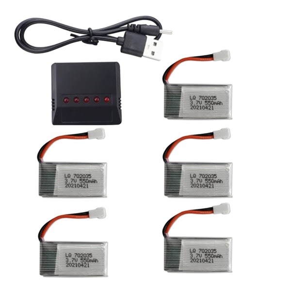 5 i 1 batteriladdare med 5 st 3,7V 550mAh litiumpolymer Li-Po-batterier och USB -laddningskabel för SYMA Q11 H99W