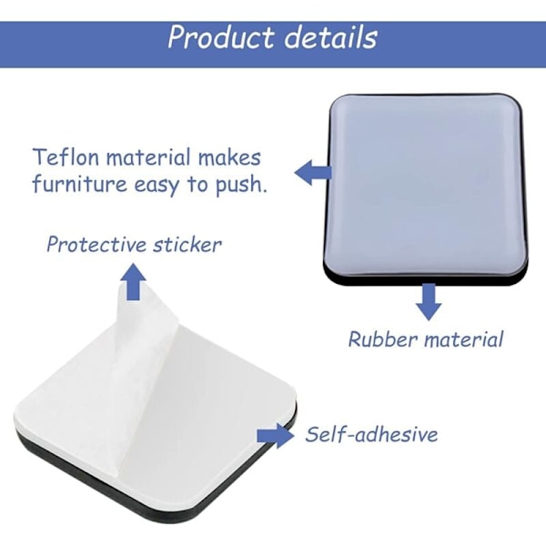 16 stk. PTFE Teflon Møbelglidere, 25x25mm, til Glatte Gulve & Tæpper