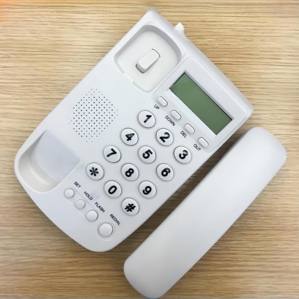 Hjemtelefon med ledning, bordstelefon med nummerpræsentation, hvid