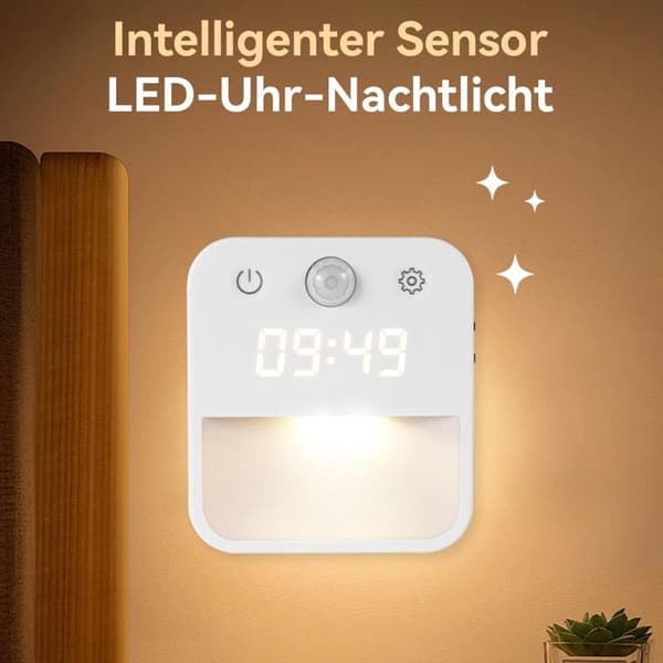 Rörelsesensor nattlampa med digital klocka, dimbar varmvit LED-kontakt i nattlampa för sovrum, hall, trappor, barnrum