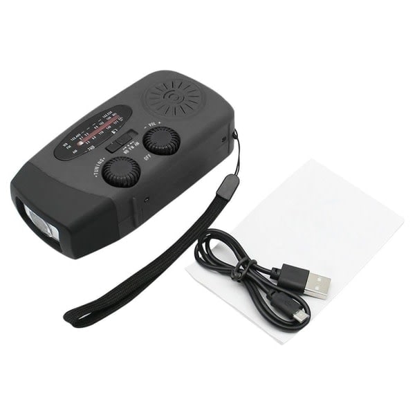 Vevradio med solcellsladdare och tändstål / Nödradio och powerbank, endast svart vevradio