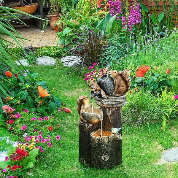 Solar-Driven Squirrel Stacked Waterfall Fountain with LED Lights and Pump