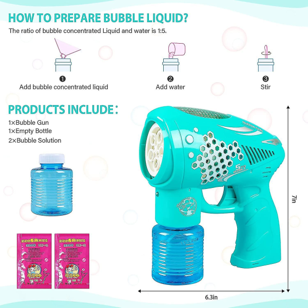 Bubbelpistol för barn, upplysta och musikaliska bubbelblåsare med bubbellösning, rolig sommar inomhus A