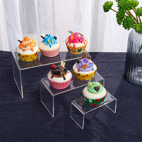 3 stk/sett Akryl Display Risers Klar Produktstativ Smykke Display Riser Hylle Utstillingsfixturer for Dessert Cupcake