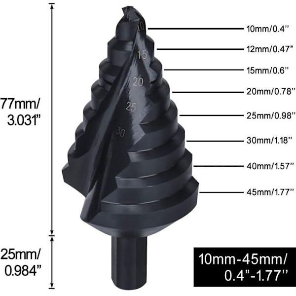 10mm-45mm Titancoated HSS Stål Spiralspår Stegkon Borr Hålskärare för Aluminium Koppar Rostfritt Stål..