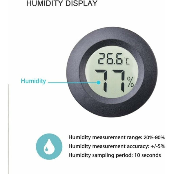 Indbygget rundt digitalt elektronisk termometer og hygrometer (sort), CDQ