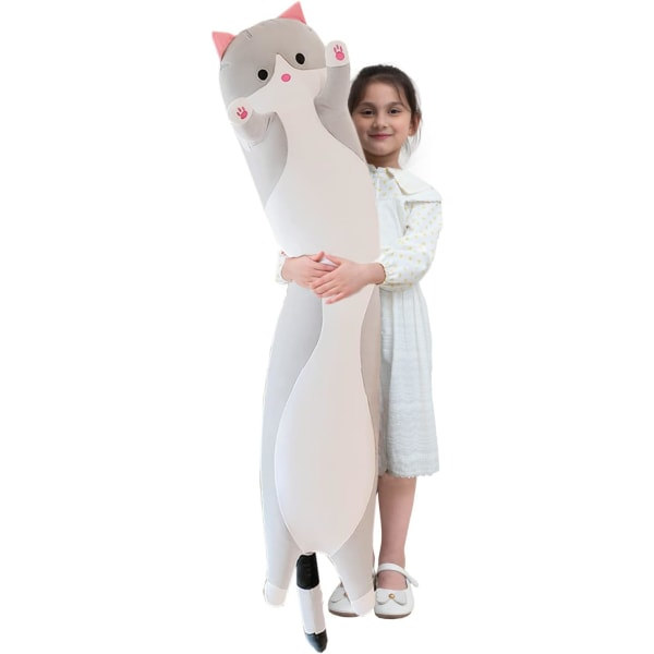 Jätte-kattdyna plysch tecknad kattunge Sova Kramkudde, Mjuk kattunge Kroppskudde Docka Kattleksak för flickvän (grå, 70 cm/27,55 tum)