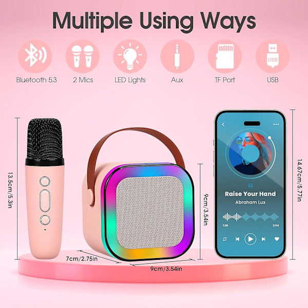 Karaokelaitteet lapsille ja aikuisille, Mini kannettava Bluetooth-karaokekaiutin 2 langattomalla mikrofonilla ja dynaamisilla valoilla, Koti Ktv, ulkona, matkustaminen (beige Pink