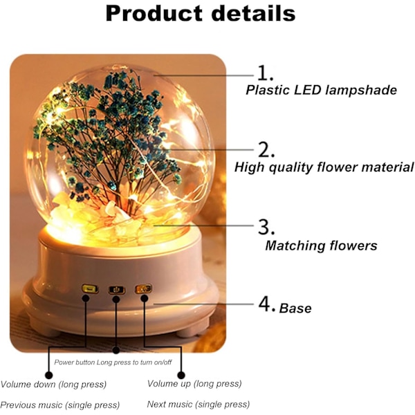 Krystallkulehøyttaler, musikkboks med trådløs høyttaler | Evighetsblomst nattlys med kulelysshow, ideell gave til morsdag Vit