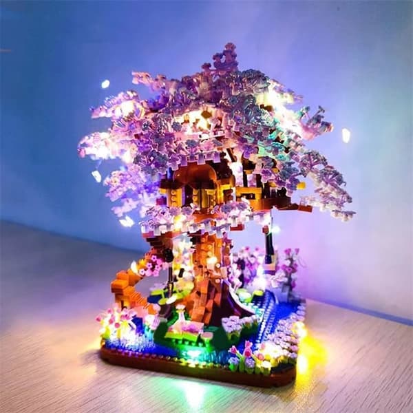 Körsbärsblom Mini Sakura Träd Byggklossar Set - DIY Ljus Trädkoja Modell Present till henne train no light