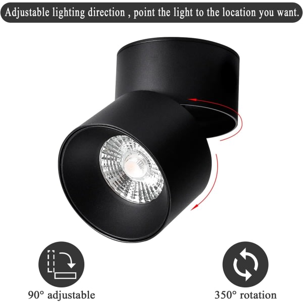 Justerbar loftslampe, stueloftslampe, 15W LED sort drejelig 3000K varm hvid, Ø90MM [Energiklasse A+], (sort), ladacèe