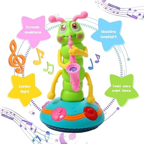 Elektrisk Caterpillar saksofon leksak for barn, dansende saksofon Caterpillar med musikk og LED-lys kul
