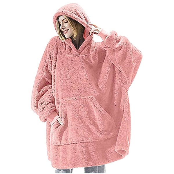 Tröja med huva i överdimensionerad storlek Dubbelsidig fleece Bärbar filt Par Män Kvinnor Hem Pink