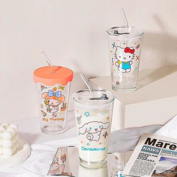 Transparent glas vattenkopp Söt tecknad frukostkopp Halm med lock Mjölk Juice Vattenkopp Glas Sippy Cup Barngåva Cinnamoroll Cinnamoroll
