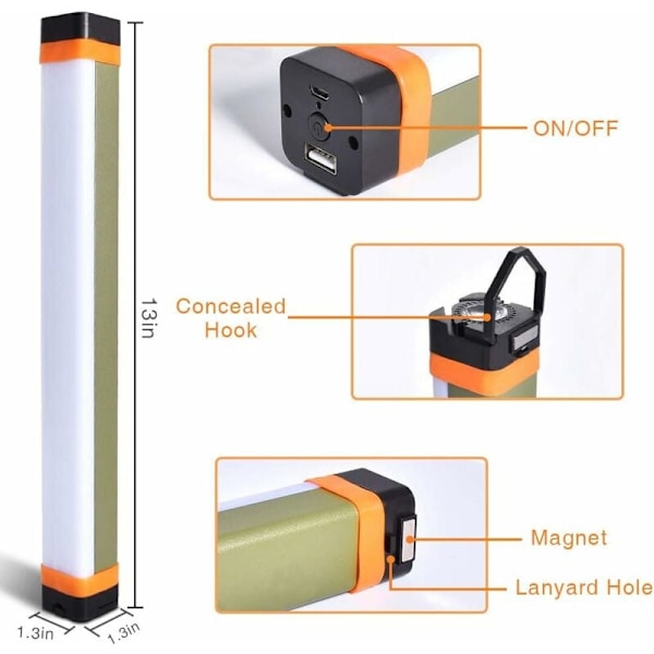 Magnetisk tältlampa uppladdningsbar usb campinglampa nödljus med krok 3600mah powerbank 4 lägen 5.5w