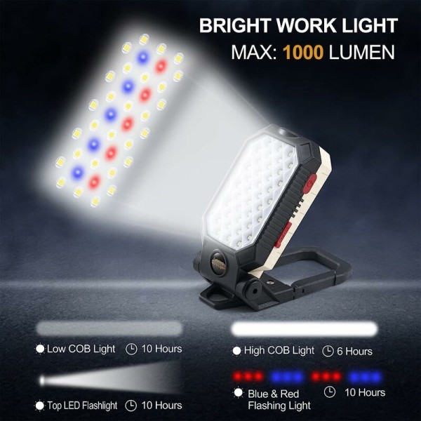 1000 Lumen Genopladelig LED-arbejdslampe Arbejdslys med 170° justerbar fastgørelseskrog Magnetisk lommelygte Inspektionslampe til bilreparation Hjem Camping