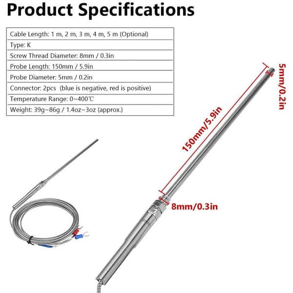 Termoelementsensorprober, Temperaturkontroller Högtemperatur K Typ Termoelementsensor (3m)