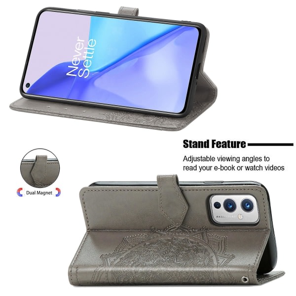 Fodral för OnePlus 9, Läder Plånboksöverdrag, Prägling Mandala, Magnetiskt Flip, Stötsäker - Grå