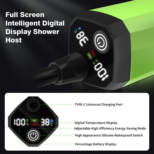Bærbar Campingdusj med Pumpe og Utendørs Dusjsett for Bobilcampingdusj med Fullskjerm Smart Digitalt Display, 9000mAh Grå, DUBUNS