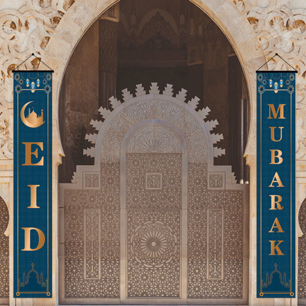 2 kpl/setti Eid Mubarak -verannan lippu Ramadan Kareem -moskeijan etuoven verhokangaslippu ripustettava kyltti islamilainen muslimien juhlat De null - 2