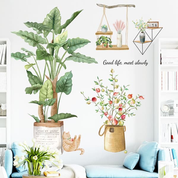 Tropiska Blad Väggdekaler Blommor Väggdekaler Mural Palmträd Blad Grön Växt för Sovrum Vardagsrum Soffbakgrund