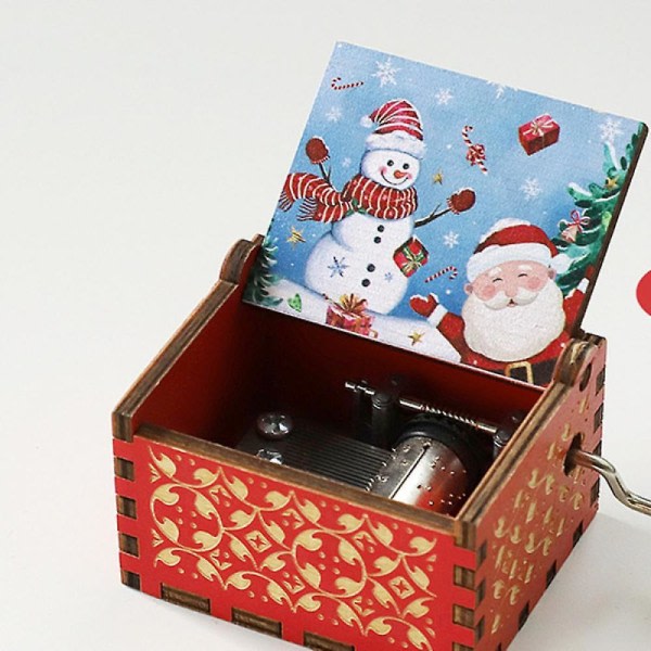 Speldosa i trä - Handvevad musikdosa Unik handgjord present, gravert design, perfekt för inredning i alla rum - Julklapp till barn. (Merry Red C)