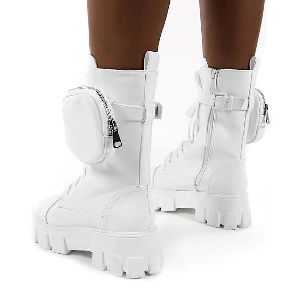 Women's Ankle Boots with Lacing and Pockets, Buckle, Chunky Sole, White, Size 35 White 35 White 35
