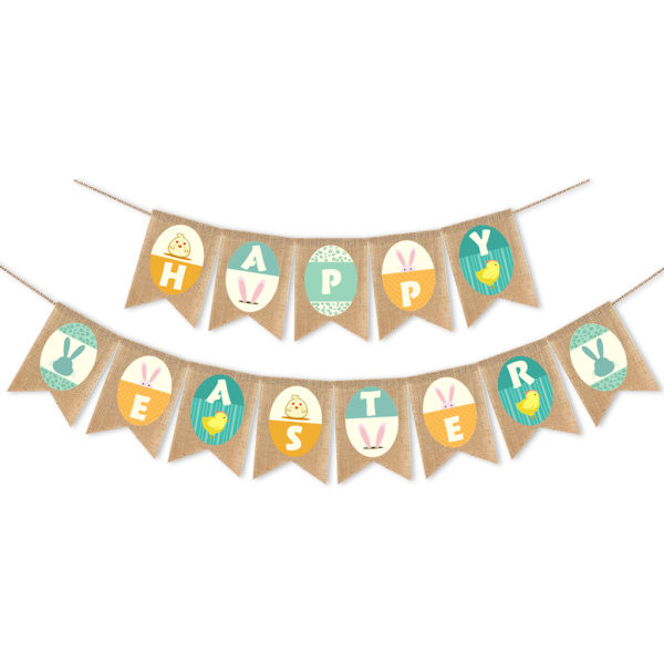 Glad Påsk Säckvävsbanderoll Kaninägg Tryckt Bunting Dragflagga Fest DIY Dekoration - B