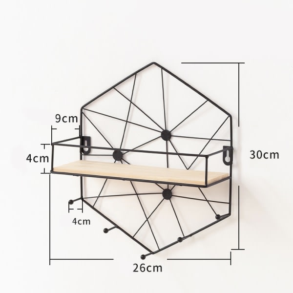 Heksagonin muotoinen riippuva seinähylly ilman reikää - Musta 26*9*30cm,