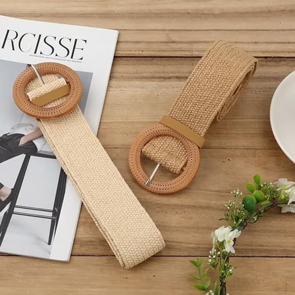 Damers elastiska flätade bälte 2-pack, halmlook, träspänne, för klänningar, strandkläder och vardagsbruk, vit och ljusbeige, 97 cm