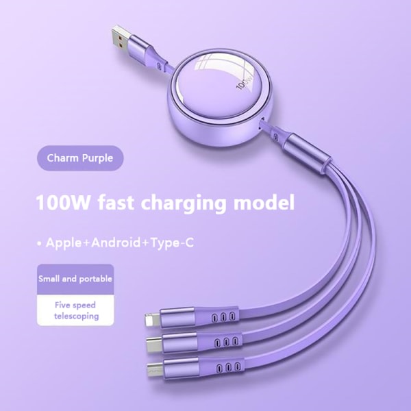Infällbar 100W USB C-kabel Snabbladdarkabel Typ C För Lila