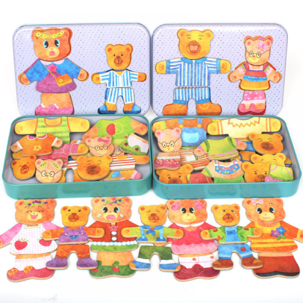 Träbjørnfamiliedekorationspussel med opbevaringsboks, 3-åringer+barnklassificering og matchende pussel
