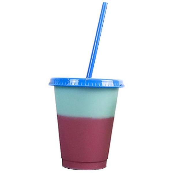 Kreativ färgbytekopp med lock och sugrör Återanvändbar plastkort kall dryckeskopp för vuxen (blå) Blue