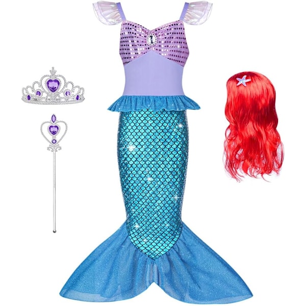 4 stk. Havfruekjole-sett med rød parykk, krone og tryllestav, prinsessehavfruekjoler for jenter Halloween Cosplay Kids Holiday 130cm