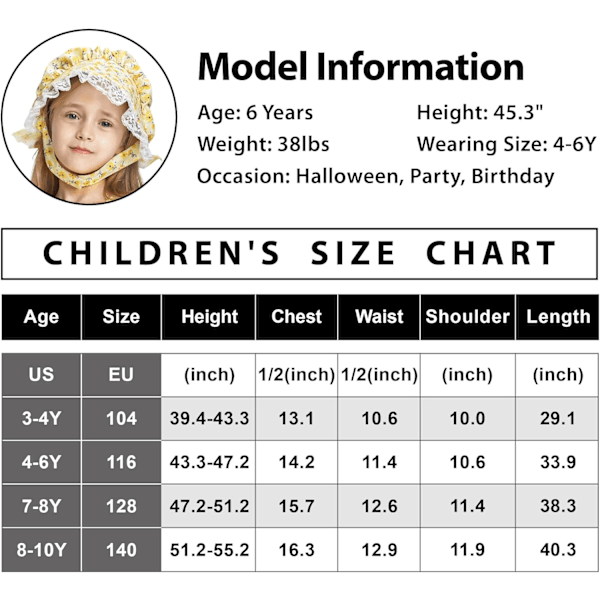 Jente Prairie Pioneer Kostyme Barn Victorian Magisk Fantomiantrekk For Halloween Verdens Bokdag Karneval Fest Gave 3-10 År YELLOW 4-6 years