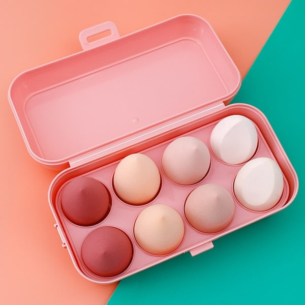 Sminkeblender Pudderpuff Sminke Svamp med Oppbevaringsboks 8 stk rosa boks 1