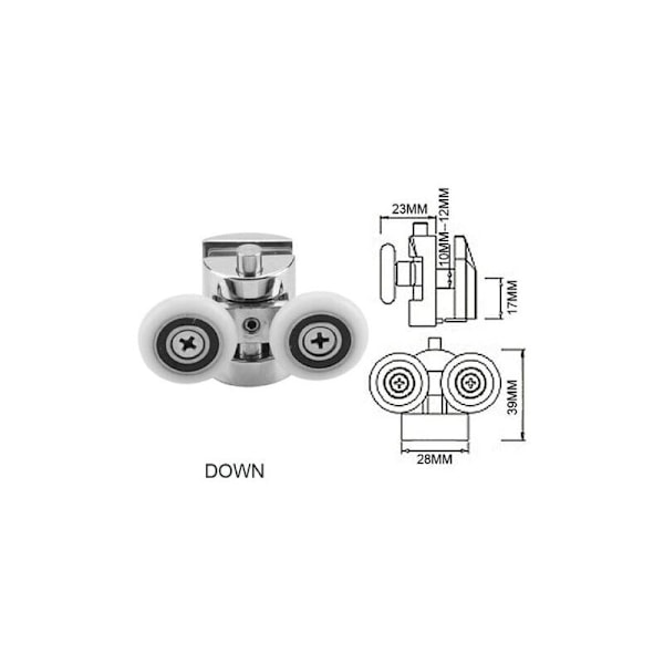 Sett med 4 doble ruller - for skyvedusjdør, 2 hjul 23 mm diameter sinklegering baderom..