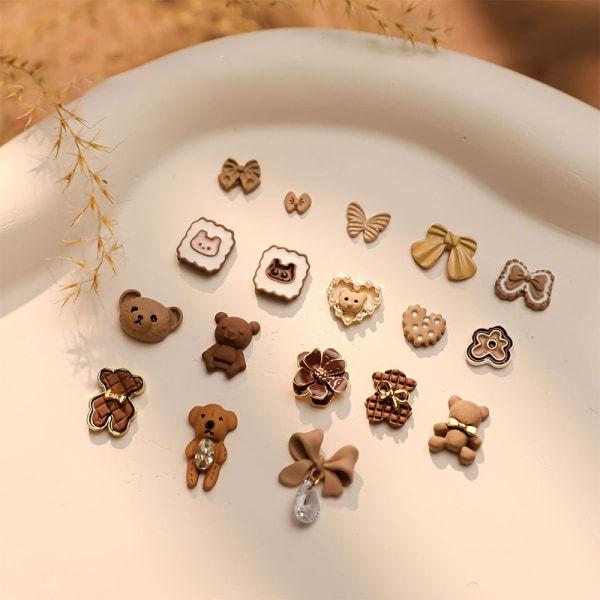 10kpl DIY Nail Art Koriste Ruskea Kukka Karhu Rusetti Rakkaus Timant Kynsi G 10kpl
