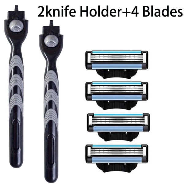 3-lags barberblad, manuell barbermaskin for menn i rustfritt stål, retro våt barbering, gjenbrukbar barberhøvel 2 Holdere 4 Blader 2 Holder  4Blades