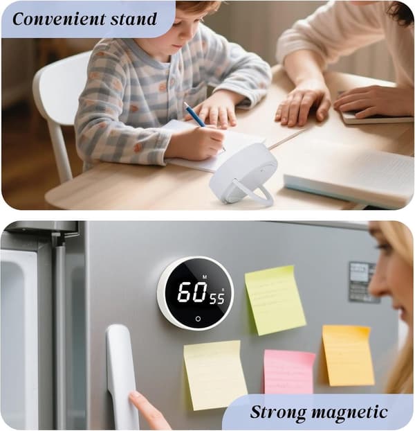 Digital kjøkkentimer, roterende nedtellingstimer med LED-skjerm, justerbart stativ og magnetisk feste for matlaging og studier, hvit